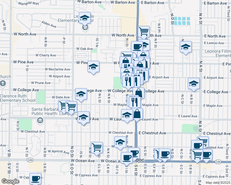 map of restaurants, bars, coffee shops, grocery stores, and more near 300 West College Avenue in Lompoc