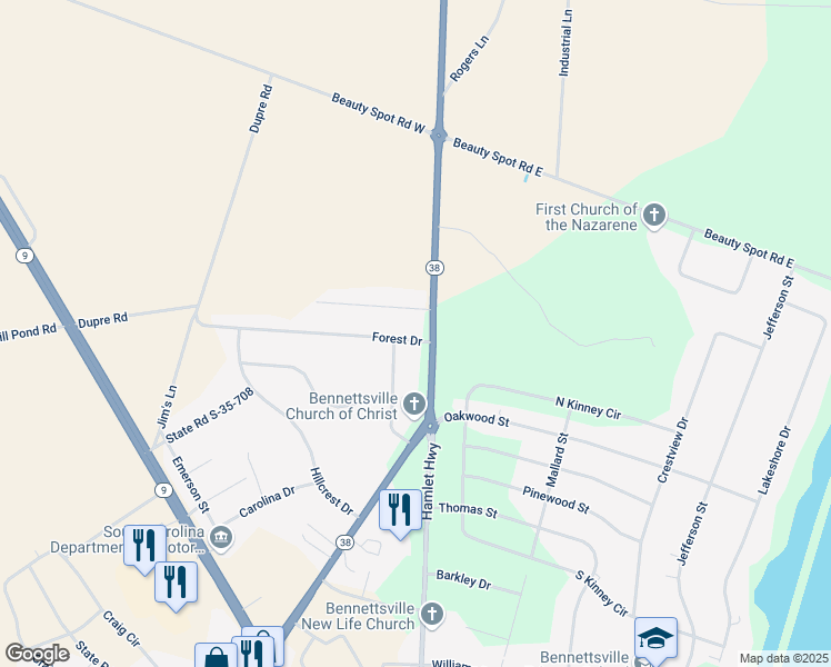 map of restaurants, bars, coffee shops, grocery stores, and more near 1319 Hamlet Highway in Bennettsville