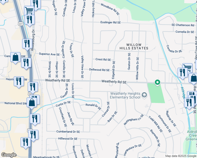 map of restaurants, bars, coffee shops, grocery stores, and more near 705 Weatherly Road Southeast in Huntsville