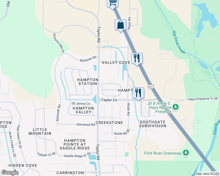 map of restaurants, bars, coffee shops, grocery stores, and more near 5009 Blakemore Drive Southeast in Owens Cross Roads