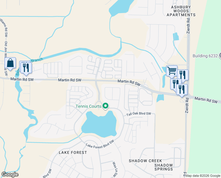 map of restaurants, bars, coffee shops, grocery stores, and more near 37 Maple Grove Boulevard Southwest in Huntsville
