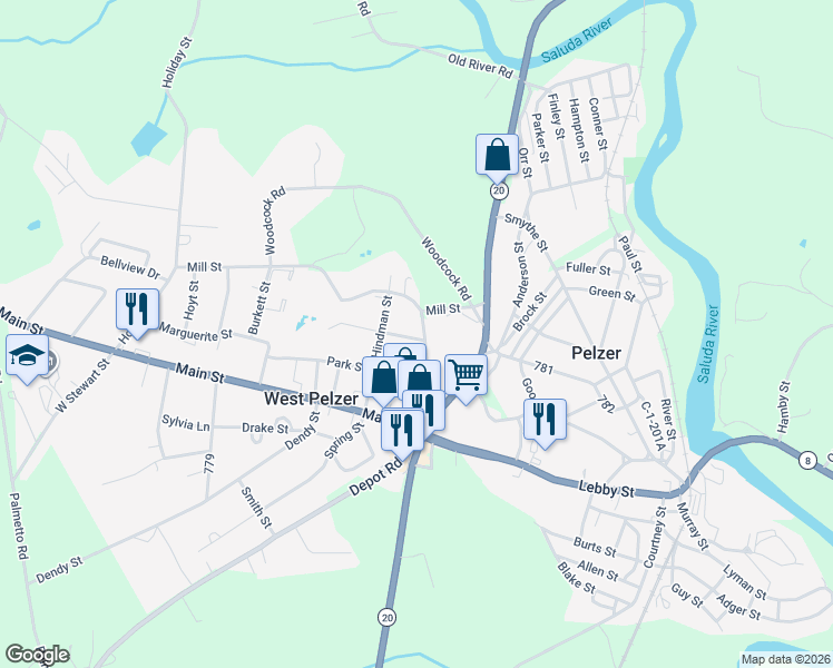 map of restaurants, bars, coffee shops, grocery stores, and more near 2 Evans Street in Pelzer