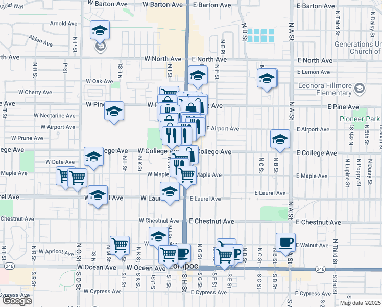 map of restaurants, bars, coffee shops, grocery stores, and more near 538 East College Avenue in Lompoc