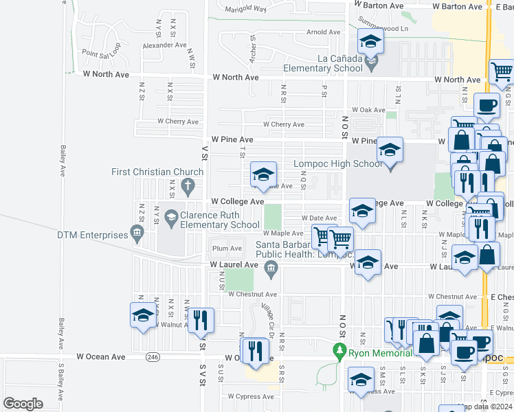 map of restaurants, bars, coffee shops, grocery stores, and more near 532 North T Street in Lompoc
