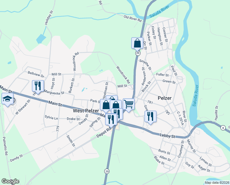 map of restaurants, bars, coffee shops, grocery stores, and more near 2 Evans Street in Pelzer
