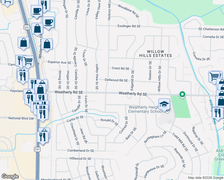 map of restaurants, bars, coffee shops, grocery stores, and more near 705 Weatherly Road Southeast in Huntsville
