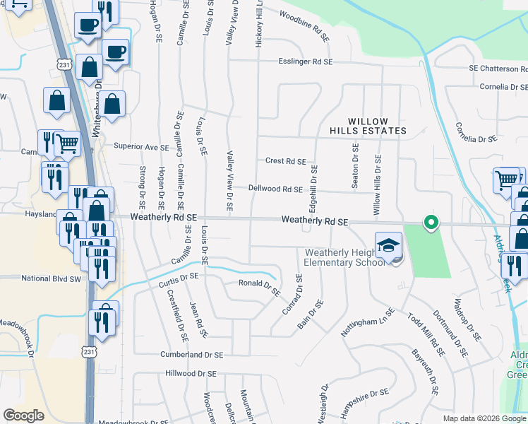 map of restaurants, bars, coffee shops, grocery stores, and more near 705 Weatherly Road Southeast in Huntsville