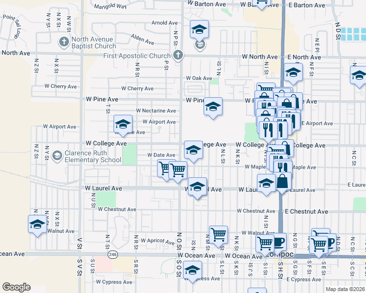 map of restaurants, bars, coffee shops, grocery stores, and more near 536 North O Street in Lompoc