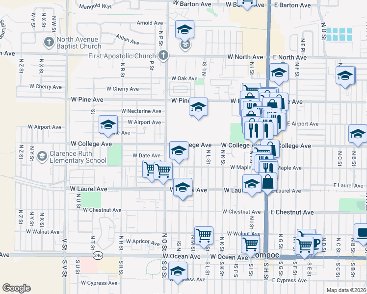 map of restaurants, bars, coffee shops, grocery stores, and more near 536 North N Street in Lompoc