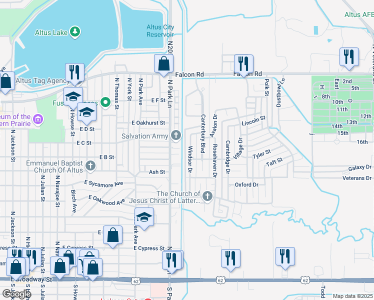 map of restaurants, bars, coffee shops, grocery stores, and more near 809 Windsor Drive in Altus