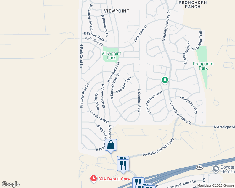 map of restaurants, bars, coffee shops, grocery stores, and more near 7287 East Mingus Trail in Prescott Valley