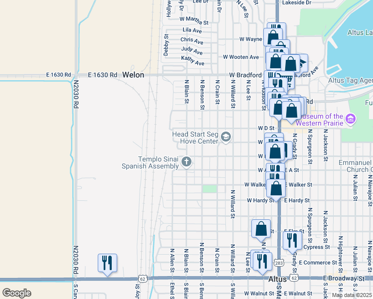 map of restaurants, bars, coffee shops, grocery stores, and more near 949 North Blain Street in Altus