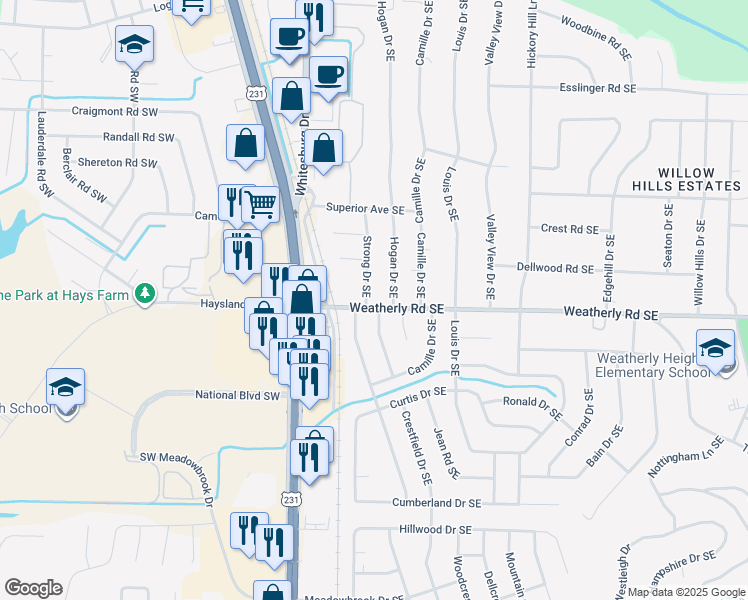 map of restaurants, bars, coffee shops, grocery stores, and more near 9115 Strong Drive Southeast in Huntsville