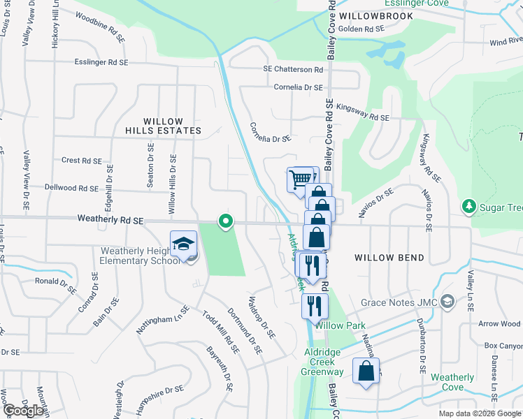 map of restaurants, bars, coffee shops, grocery stores, and more near 9912 Cascade Circle Southeast in Huntsville