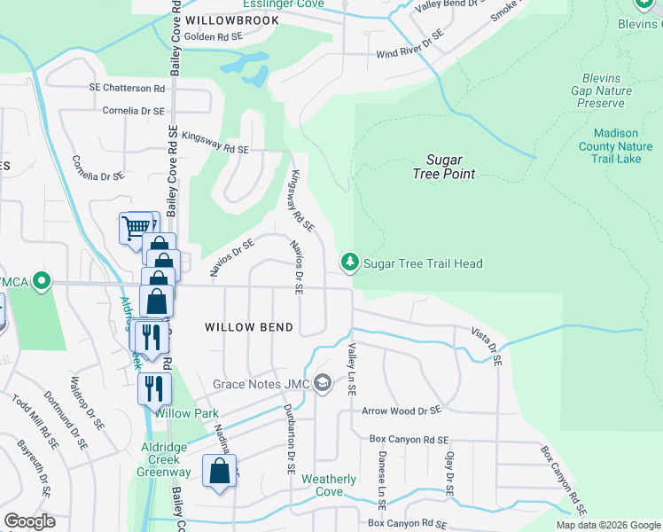 map of restaurants, bars, coffee shops, grocery stores, and more near 9059 Sugar Tree Trail Southeast in Huntsville