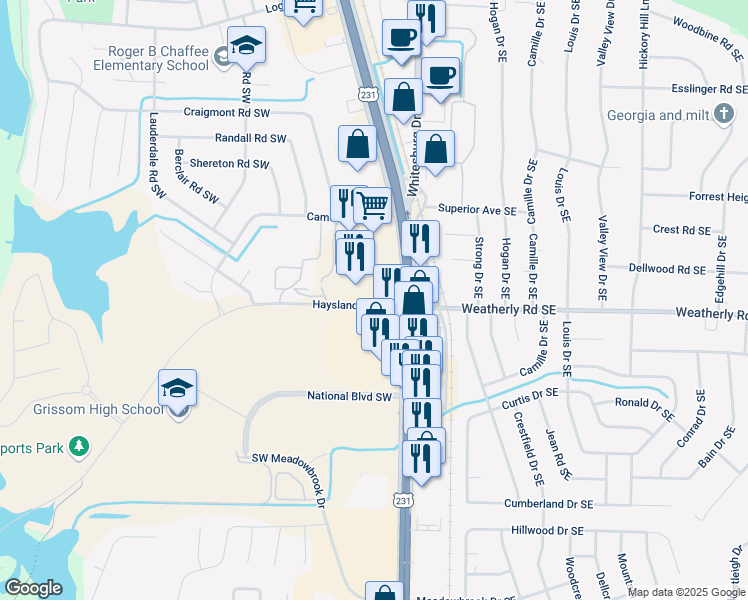 map of restaurants, bars, coffee shops, grocery stores, and more near 401 Haysland Road Southwest in Huntsville