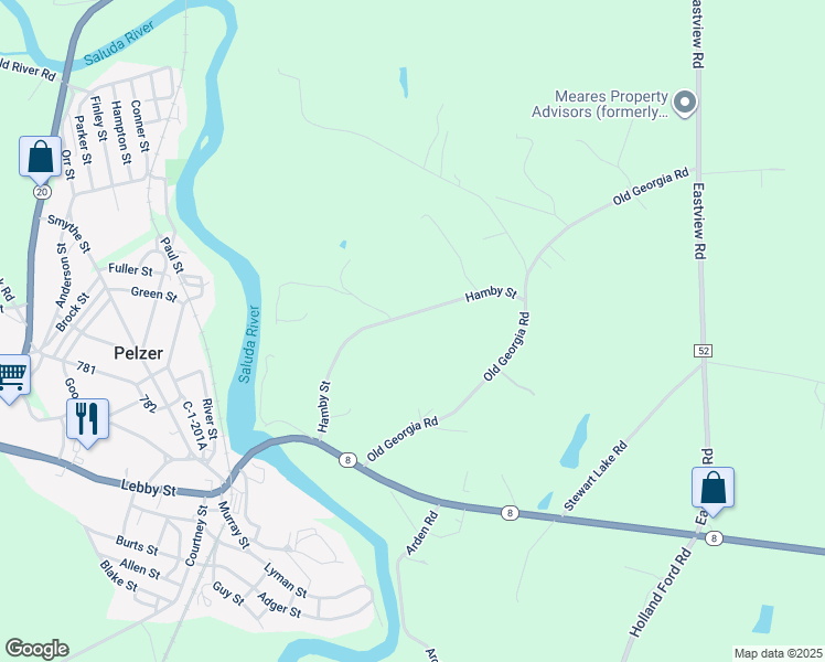 map of restaurants, bars, coffee shops, grocery stores, and more near 304 Hamby Street in Pelzer