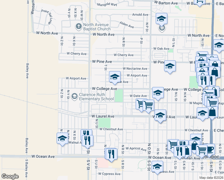 map of restaurants, bars, coffee shops, grocery stores, and more near 537 North S Street in Lompoc