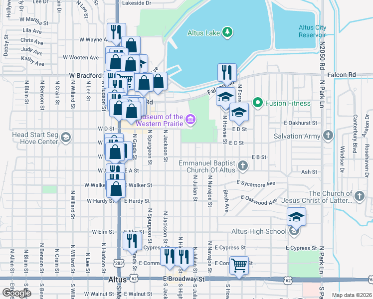 map of restaurants, bars, coffee shops, grocery stores, and more near 908 North Hightower Street in Altus