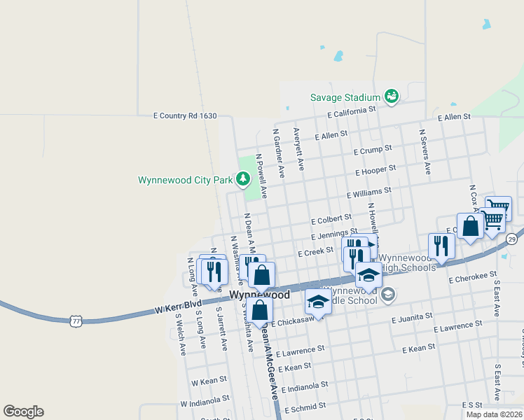 map of restaurants, bars, coffee shops, grocery stores, and more near 602 North Powell Avenue in Wynnewood