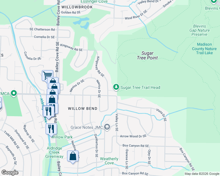 map of restaurants, bars, coffee shops, grocery stores, and more near 9059 Sugar Tree Trail Southeast in Huntsville