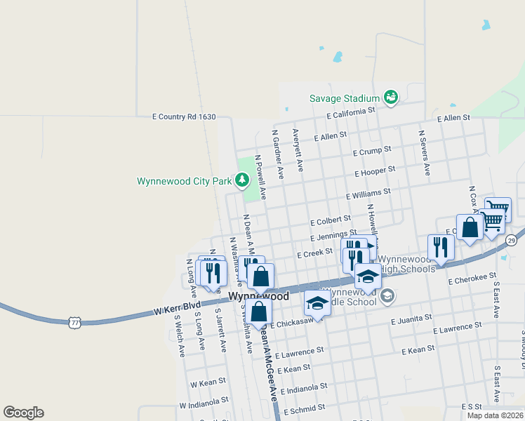 map of restaurants, bars, coffee shops, grocery stores, and more near 602 North Powell Avenue in Wynnewood