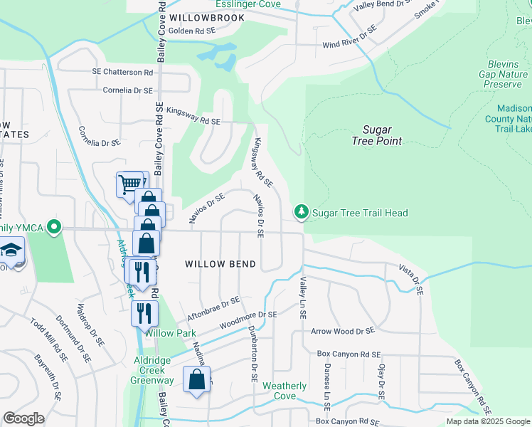 map of restaurants, bars, coffee shops, grocery stores, and more near 8037 Navios Drive Southeast in Huntsville