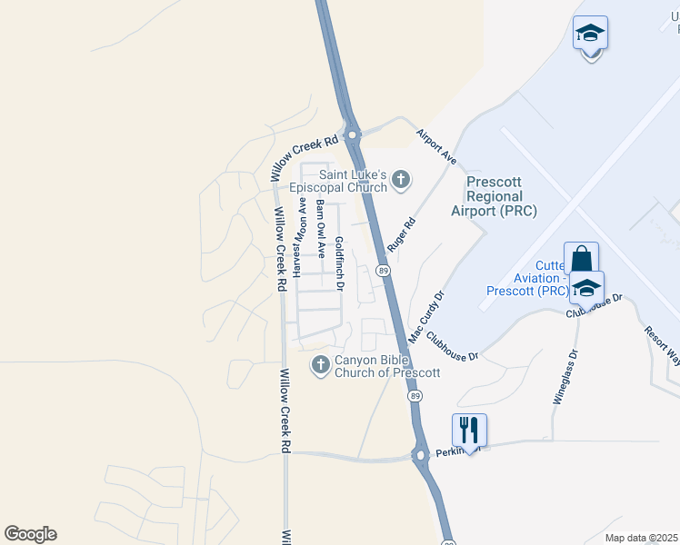 map of restaurants, bars, coffee shops, grocery stores, and more near 6197 Goldfinch Drive in Prescott