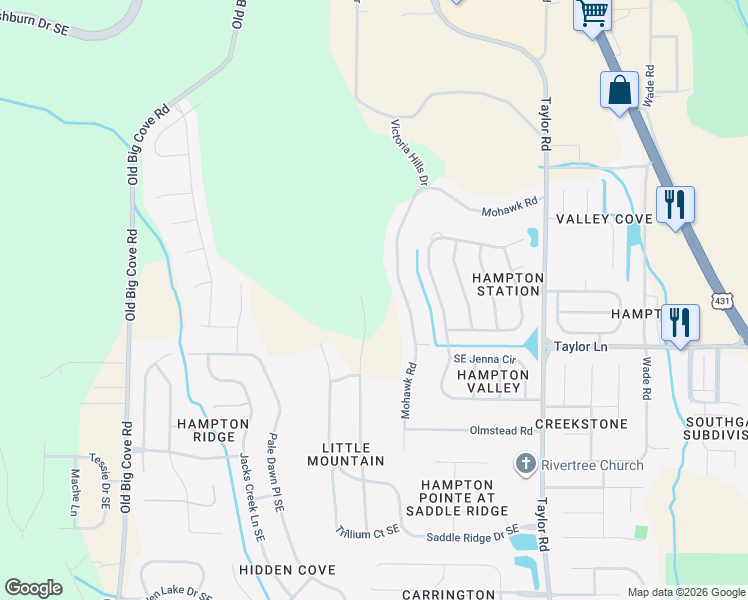 map of restaurants, bars, coffee shops, grocery stores, and more near 7015 Ridge Crest Road Southeast in Owens Cross Roads