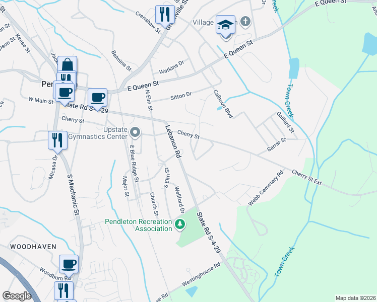 map of restaurants, bars, coffee shops, grocery stores, and more near 228 Buchanan Circle in Pendleton