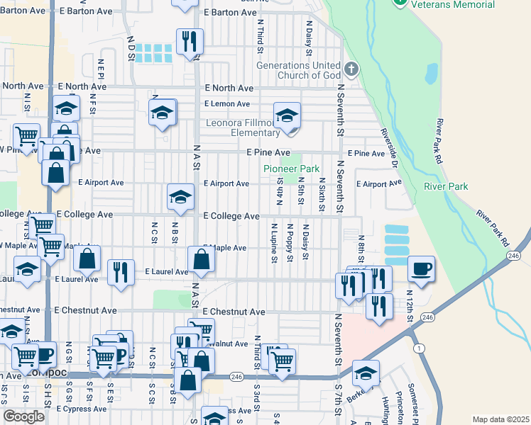 map of restaurants, bars, coffee shops, grocery stores, and more near 601 North 4th Street in Lompoc