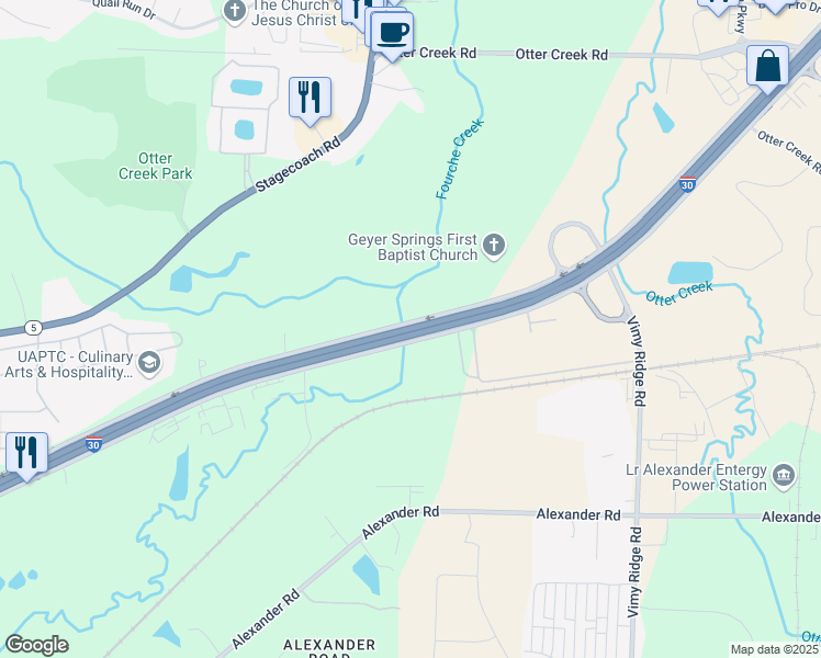 map of restaurants, bars, coffee shops, grocery stores, and more near Interstate 30 in Little Rock
