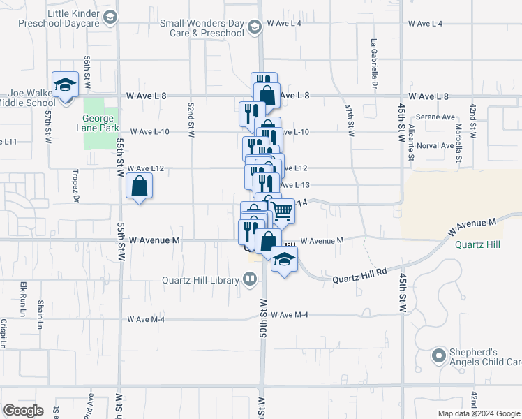 map of restaurants, bars, coffee shops, grocery stores, and more near 2 Avenue L-14 in Quartz Hill