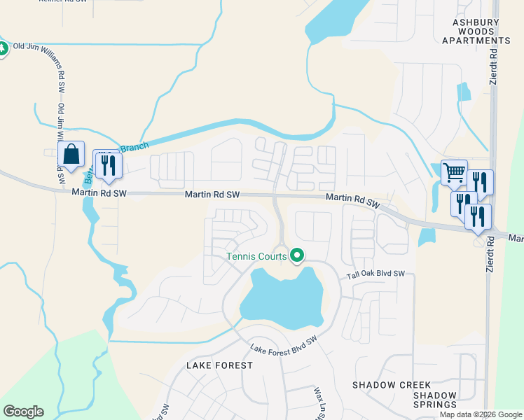 map of restaurants, bars, coffee shops, grocery stores, and more near 23 Cypress Grove Lane Southwest in Huntsville