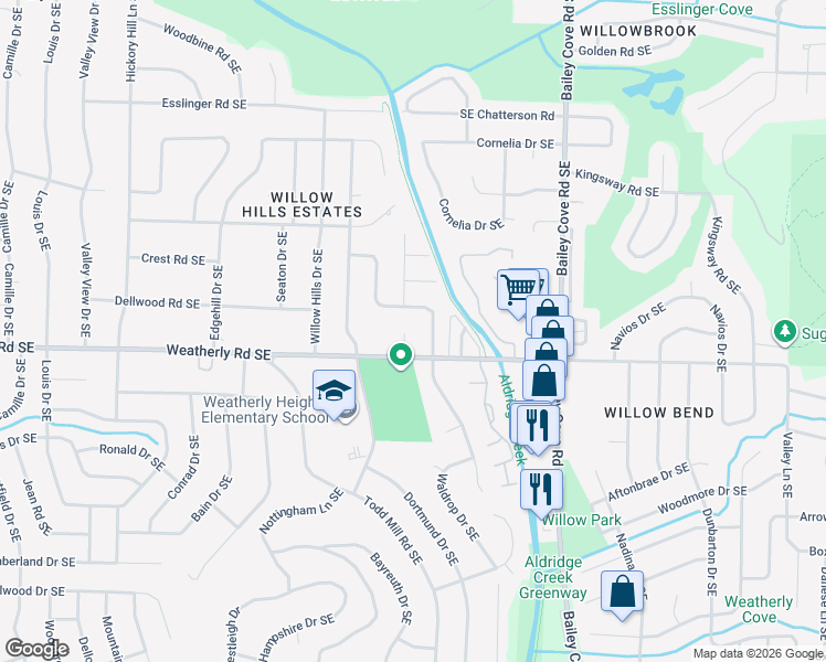 map of restaurants, bars, coffee shops, grocery stores, and more near 9003 Annies Place Southeast in Huntsville