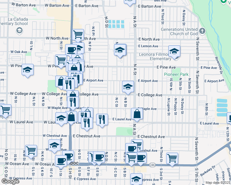 map of restaurants, bars, coffee shops, grocery stores, and more near 600 North Larkspur Street in Lompoc
