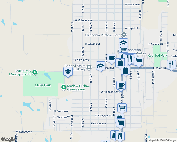 map of restaurants, bars, coffee shops, grocery stores, and more near 702 West Main Street in Marlow
