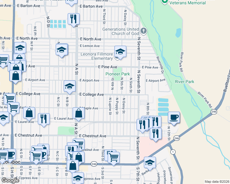 map of restaurants, bars, coffee shops, grocery stores, and more near 601 North 4th Street in Lompoc
