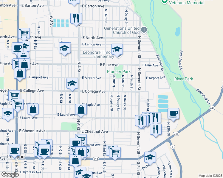 map of restaurants, bars, coffee shops, grocery stores, and more near 601 North 4th Street in Lompoc