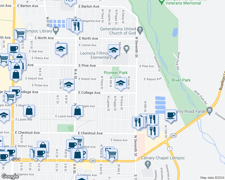 map of restaurants, bars, coffee shops, grocery stores, and more near 604 North 4th Street in Lompoc