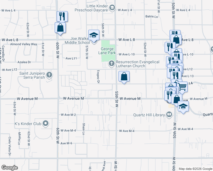 map of restaurants, bars, coffee shops, grocery stores, and more near 5524 Avenue L-14 in Lancaster