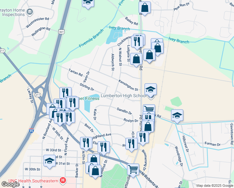 map of restaurants, bars, coffee shops, grocery stores, and more near 3985 North Walnut Street in Lumberton