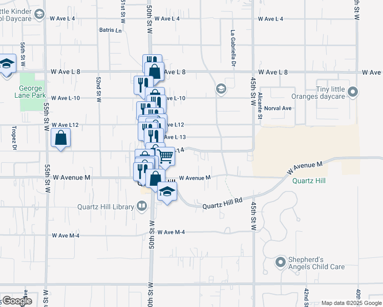 map of restaurants, bars, coffee shops, grocery stores, and more near 2 Avenue L-14 in Quartz Hill