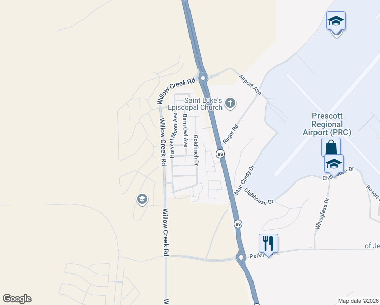 map of restaurants, bars, coffee shops, grocery stores, and more near 6197 Goldfinch Drive in Prescott