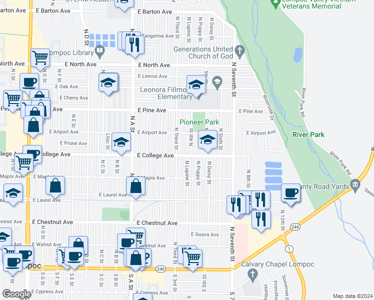 map of restaurants, bars, coffee shops, grocery stores, and more near 601 North 4th Street in Lompoc