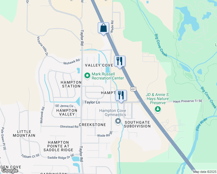 map of restaurants, bars, coffee shops, grocery stores, and more near 497 Wade Road in Owens Cross Roads