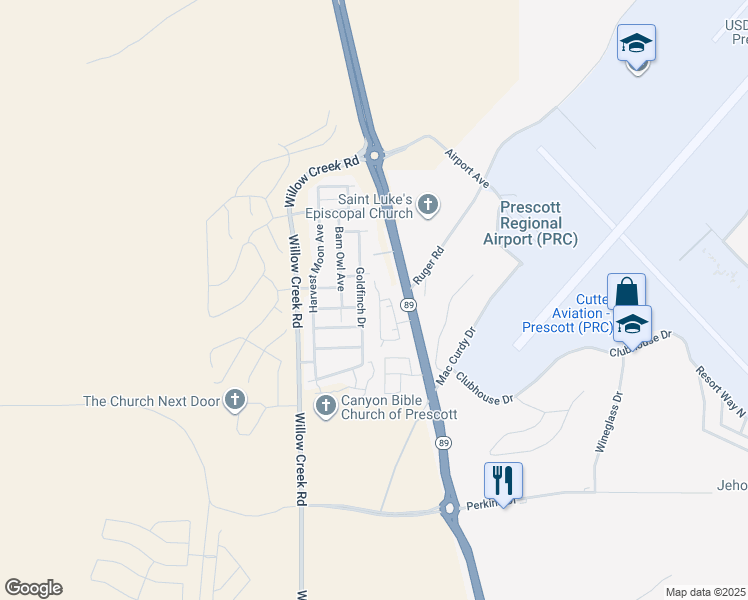 map of restaurants, bars, coffee shops, grocery stores, and more near 6197 Goldfinch Drive in Prescott