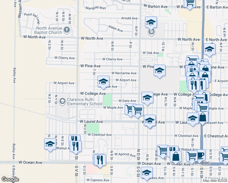 map of restaurants, bars, coffee shops, grocery stores, and more near 1013 West College Avenue in Lompoc
