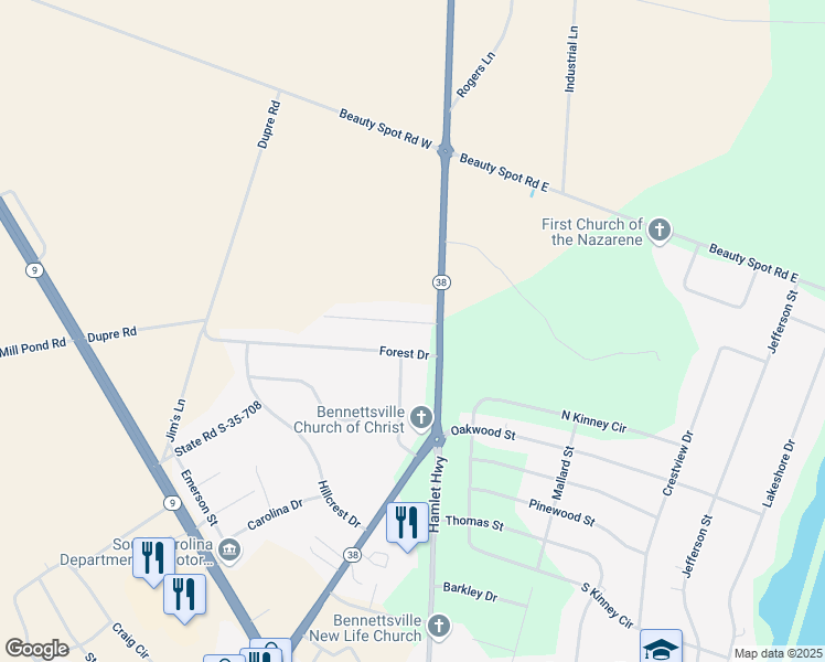 map of restaurants, bars, coffee shops, grocery stores, and more near 1319 Hamlet Highway in Bennettsville