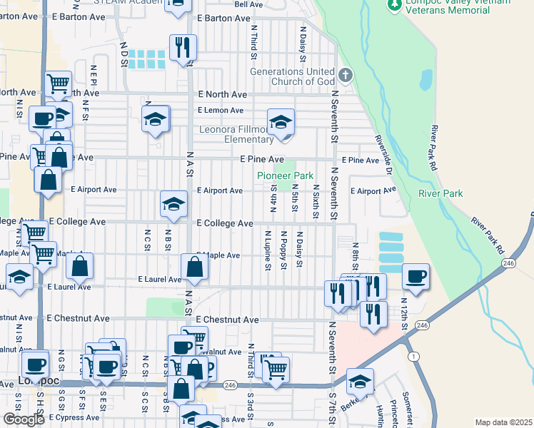 map of restaurants, bars, coffee shops, grocery stores, and more near 609 North 4th Street in Lompoc